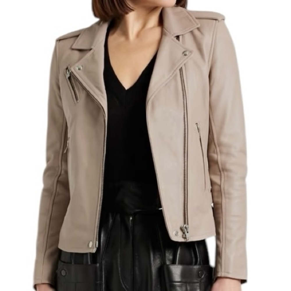 IRO Paris Han Lamb Leather Asymmetric Zip Buckle Side Wais Biker Moto Jacket